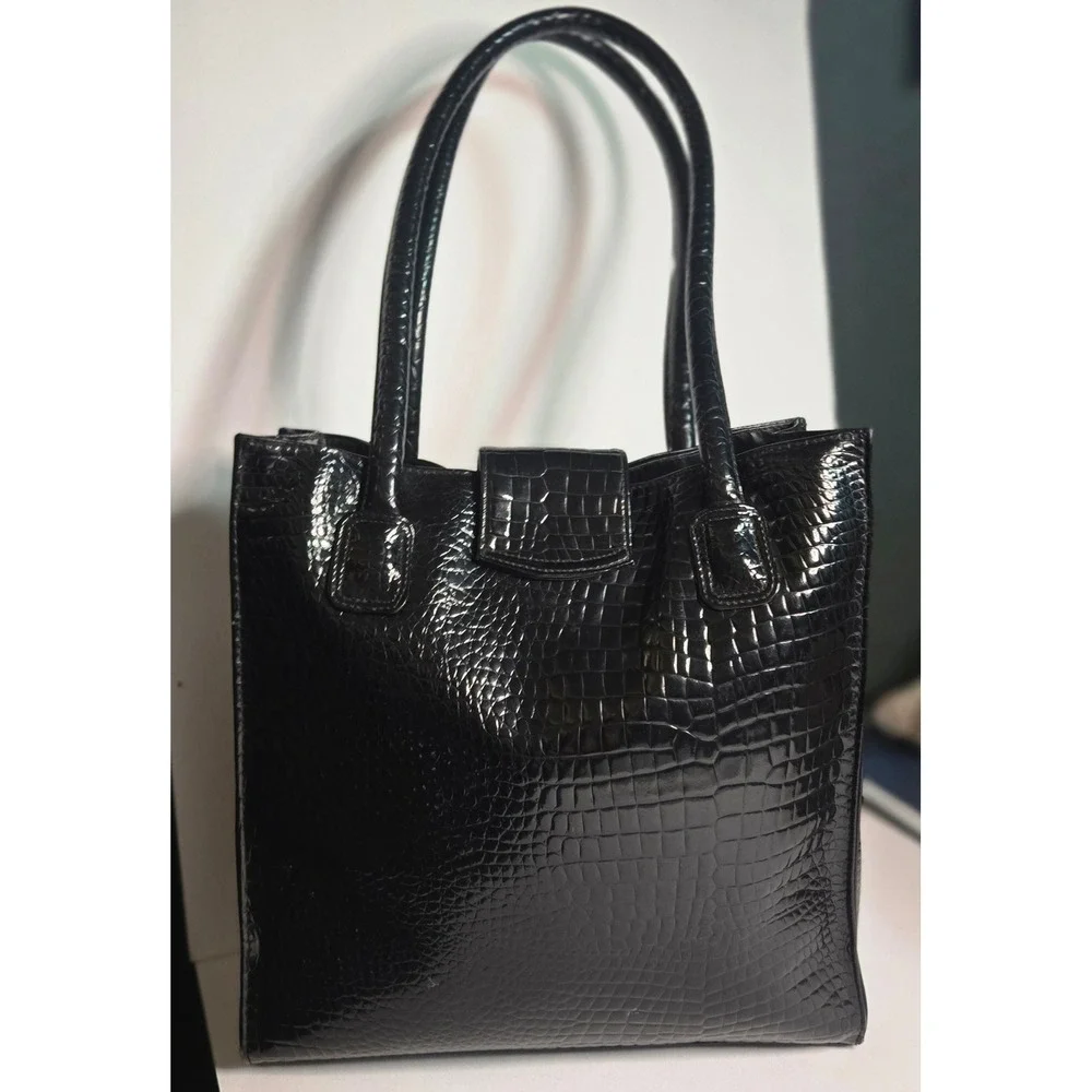 St. John Black Croc Embossed Patent Leather Tote Bag Gold Turn Lock Shoulder Bag